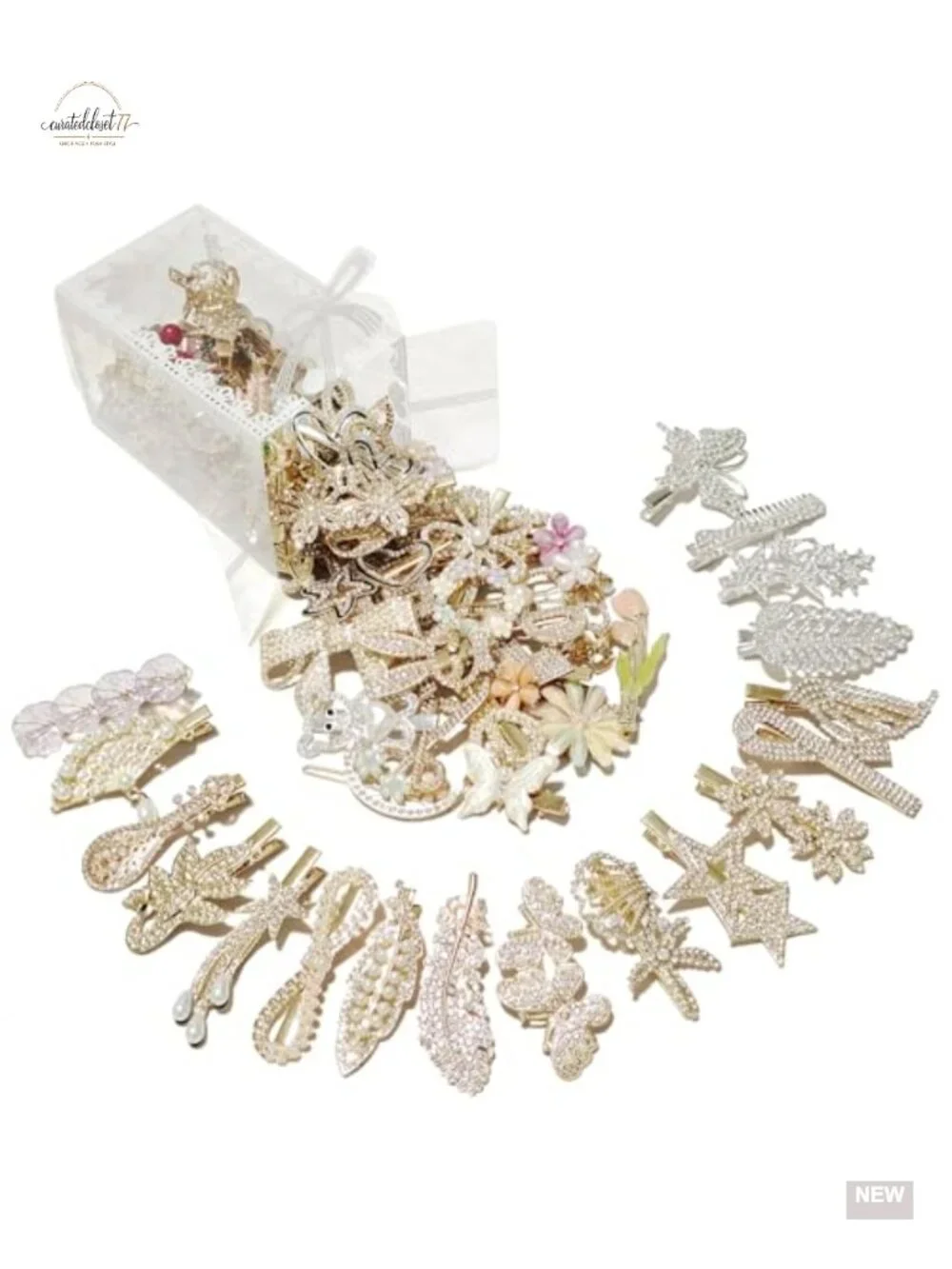 50 Pcs Hair Clips Set - Faux Pearl, Rhinestone, Resin & Gold-Tone Barrettes,